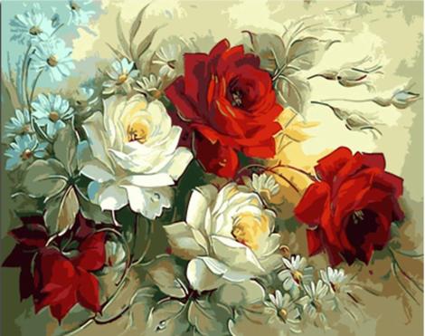 White Red Rose Flowers Diy Paint By Numbers Kits UK PL0046