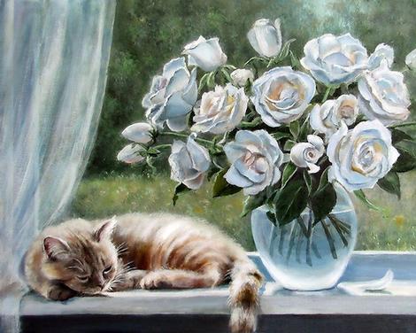 Flower And Cat Diy Paint By Numbers Kits UK PE0152